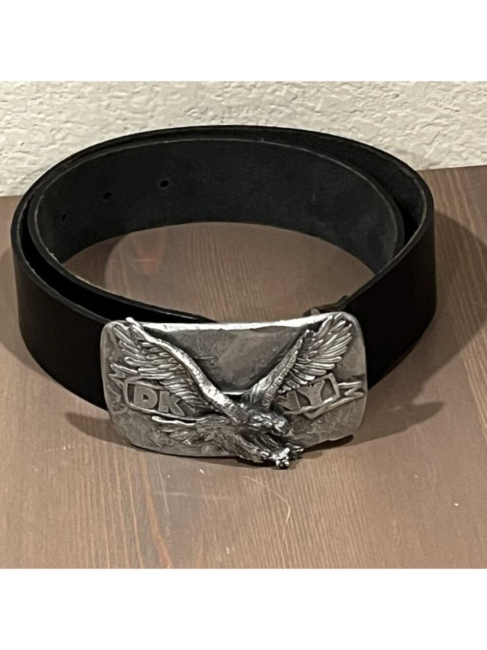 DKNY Donna Karan Leather Belt Big Eagle Buckle Medium Black Biker Moto 90s/Y2K